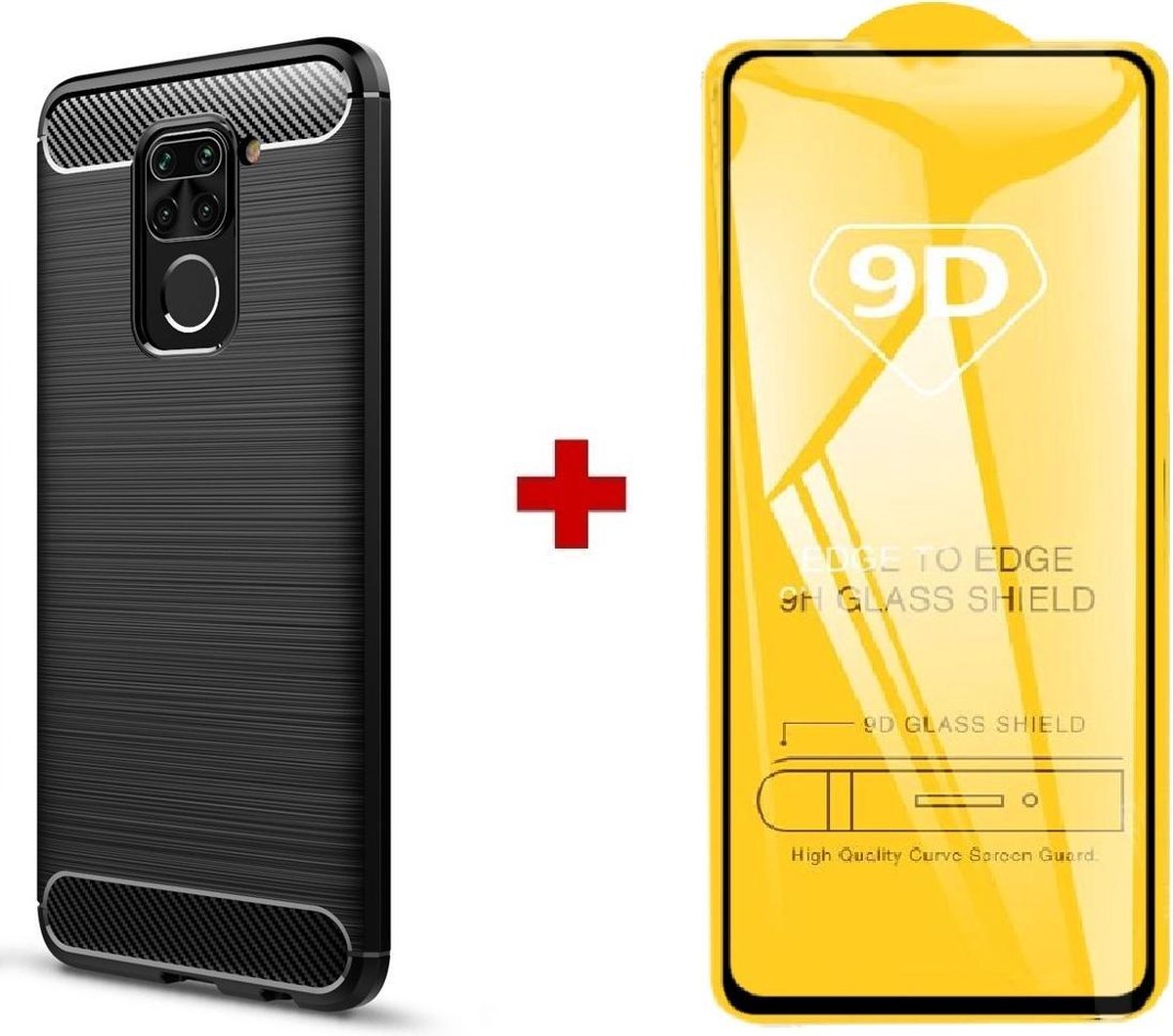Silicone gel zwart hoesje Xiaomi Redmi Note 9 met full cover glas screenprotector