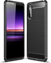 Sony Xperia 10 II hoesje - Gel case geborsteld metaal en carbonlook - Zwart - GSM Hoesje - Telefoonhoesje Geschikt Voor: Sony Xperia 10 II