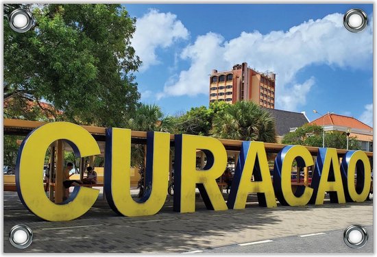 Tuinposter –Gele Letters Curacao– 60x40 Foto op Tuinposter (wanddecoratie voor buiten en binnen)