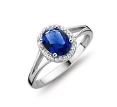 Velini jewels-R3045-58 -Ring -925 Zilver gerodineerd- Blauwe glazen steen met witte Cubic Zirkonia