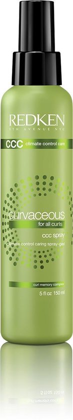 Lichtgroene spuitfles met zwarte dop. 'Curvaceous for all curls CCC spray' staat op het label.