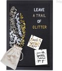 Gadgy zwart Letterbord zwart vilt – 30x45cm - 170 witte, 170 glimmend gouden, 170 glimmend zilveren letters etc. – 100 witte icoontjes – 4 punaises – opbergzakje letters etc.