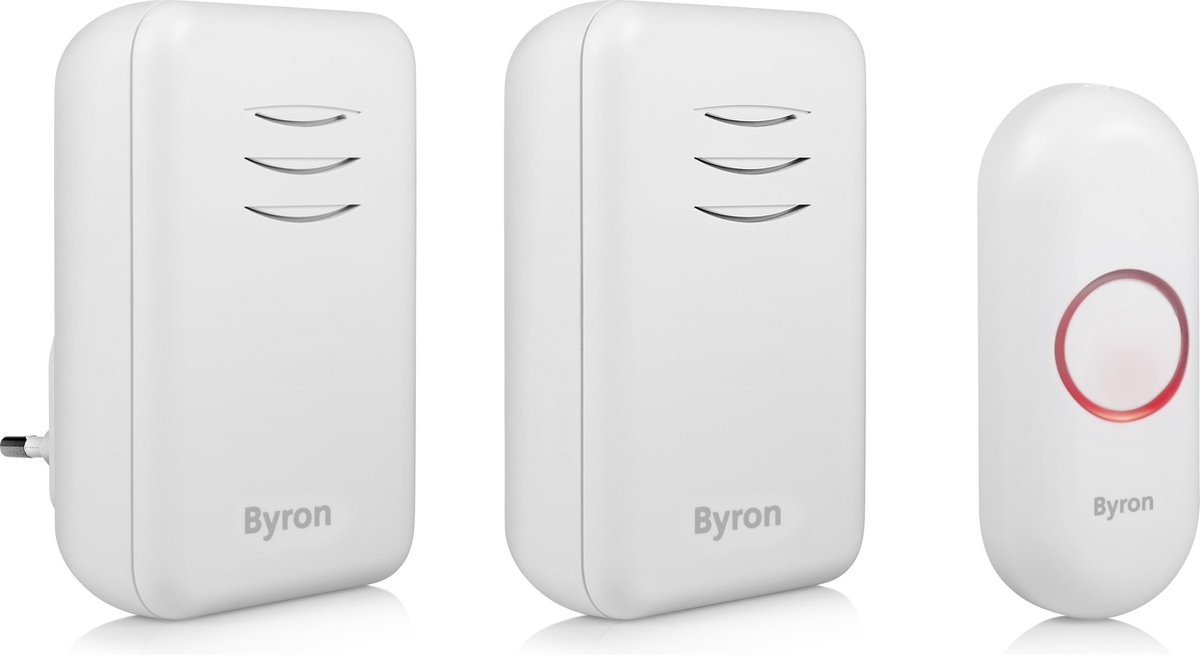 Byron DBY-22314 Draadloze deurbel - 2 ontvangers - 1 ontvanger met stekker 1 ontvanger op batterijen - Waterdicht - Wit - 150m Bereik - 80dB - 16 Melodieën