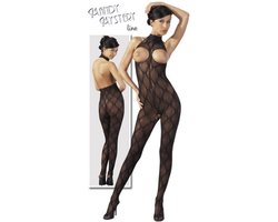 Mandy Mystery Lingerie – Sexy Catsuit Halter Model Klittenband met Vrije Borsten en Open Kruis – Maat SL - Zwart