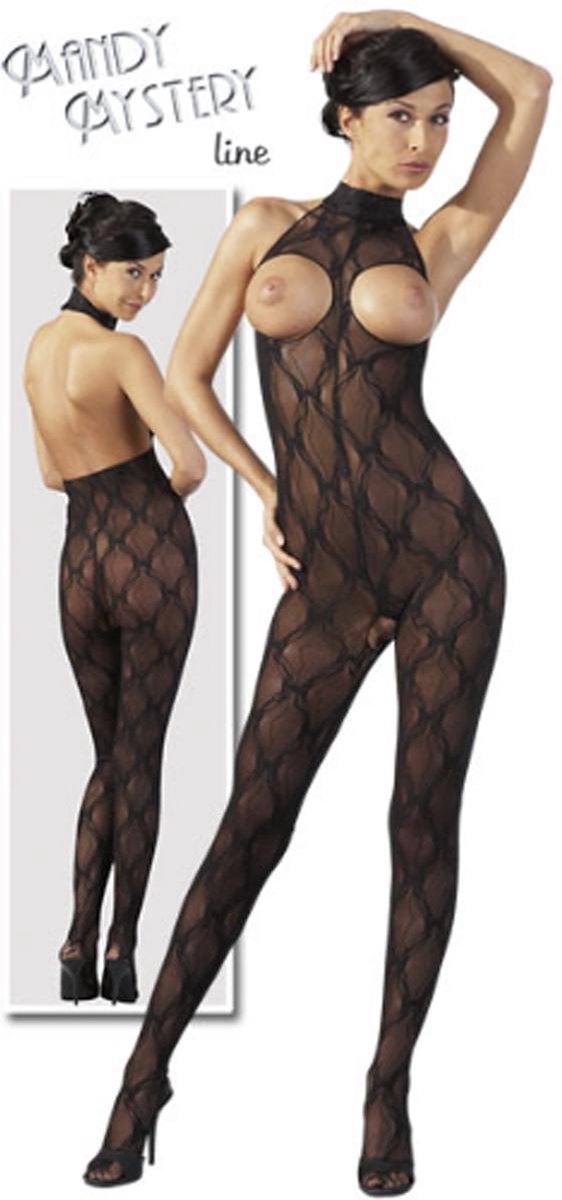 Mandy Mystery Lingerie – Sexy Catsuit Halter Model Klittenband met Vrije Borsten en Open Kruis – Maat SL - Zwart