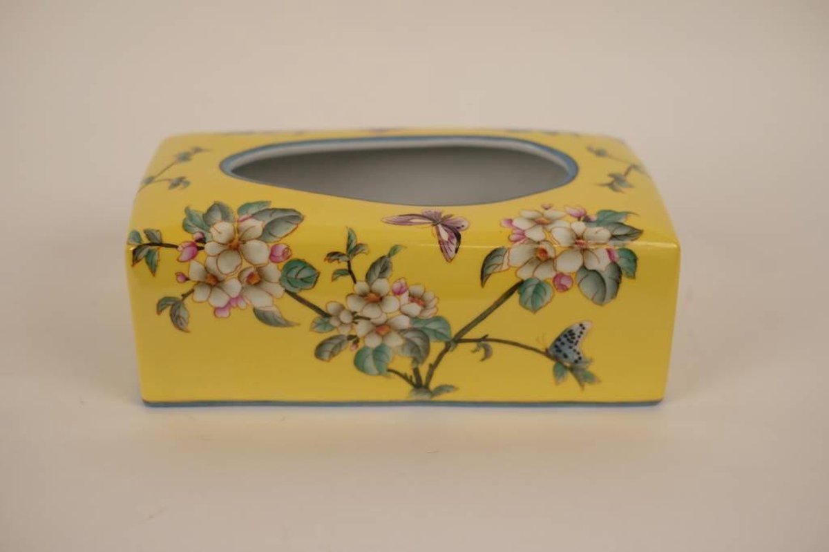 Fine Asianliving Chinese Tissuebox Porselein Geel Bloemen B23xD9xH14cm