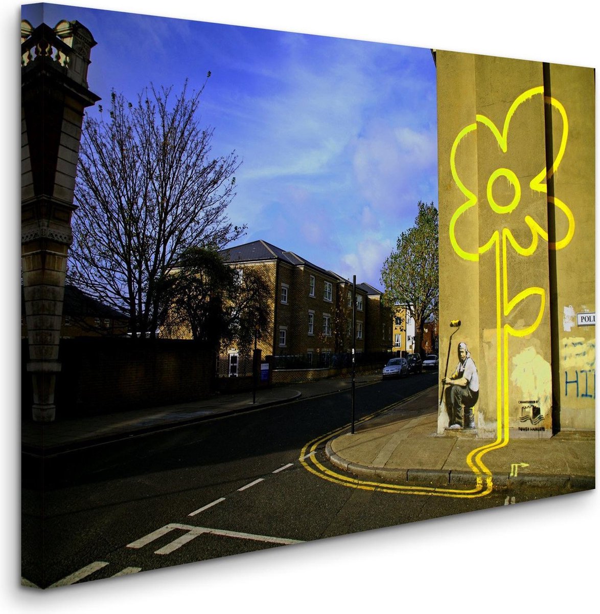 BANKSY Yellow Lines Flower Painter Canvas Print