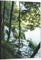 Dibond –Watervallen in het Bos– 100x150cm Foto op Aluminium (Wanddecoratie van metaal)