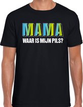 Mama waar is mijn pils t-shirt zwart met blauwe/groene letters voor heren M