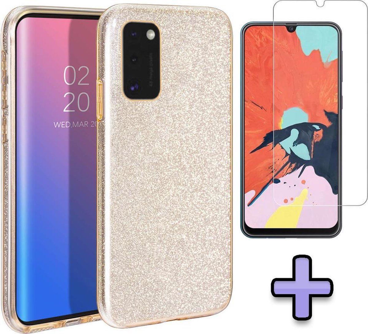 HB Hoesje Geschikt voor Samsung Galaxy A41 - Goud - Glitter Back Cover + Tempered Glazen Screenprotector