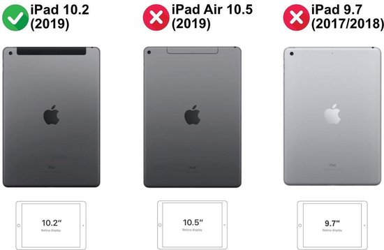 Illustratie die aangeeft dat deze hoes geschikt is voor de iPad 10.2 (2019), maar niet voor de iPad Air 10.5 of iPad 9.7.