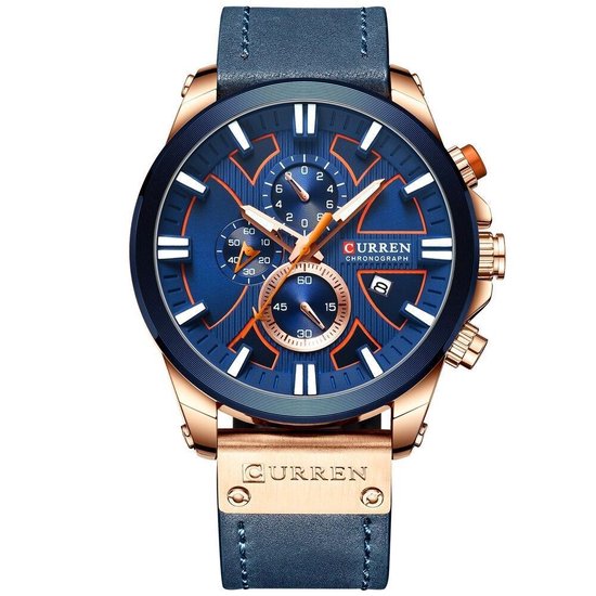 Horloges voor Mannen Heren Horloge Curren Herenhorloge Watch - Jongens Horloges - Incl. Horlogebox Geschenkdoos - Blauw Rosé