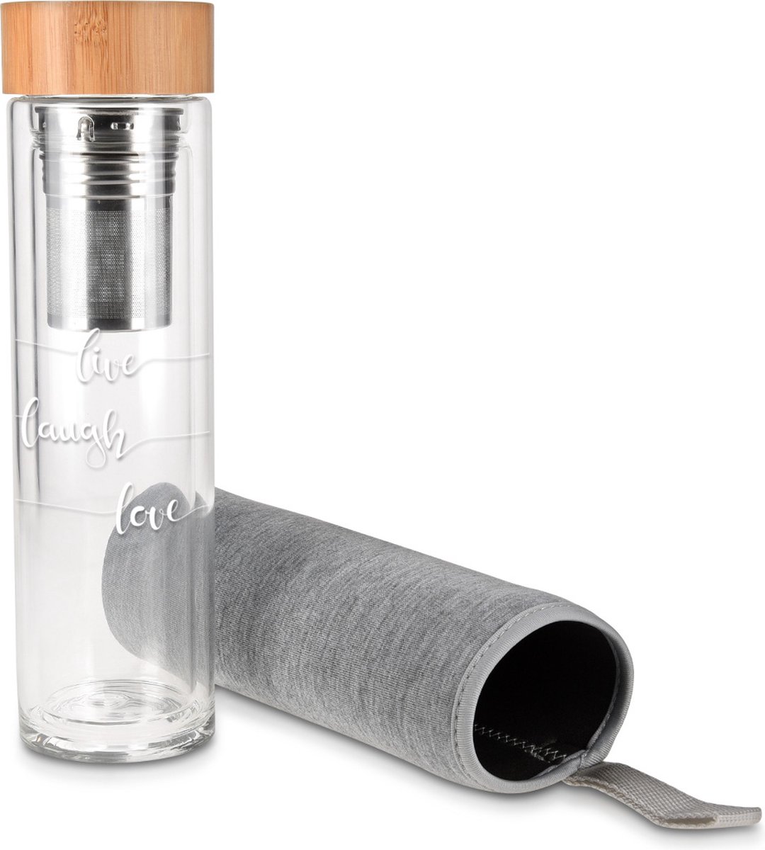 Navaris glazen theefles met filter - 500 ml - Waterfles glas - Dubbelwandige drinkfles - Fles met bamboe dop, thee infuser en hoes - Live Laugh Love