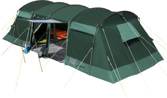 Skandika Montana 8 Tent – Tenten – Campingtent – Voor 8 personen – Tunneltent – 200 cm stahoogte – 2-4 Slaapcabines - Muggengaas – Familietent – 4 ingangen – 700 x 310 x 200 cm (LxBxH) - 5000 mm waterkolom – Outdoor, Camping – Kamperen – donkergroen