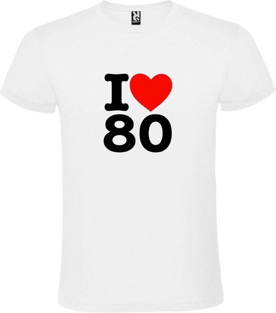Wit T shirt met  I love (hartje) the 80's (eighties)  print Zwart en Rood size L
