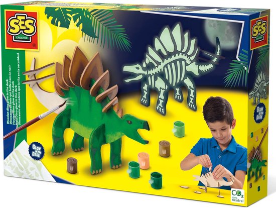 SES Creative – Houten Dino – Glow in the Dark – zonder lijm – inclusief stickers en verf – vanaf 5 jaar