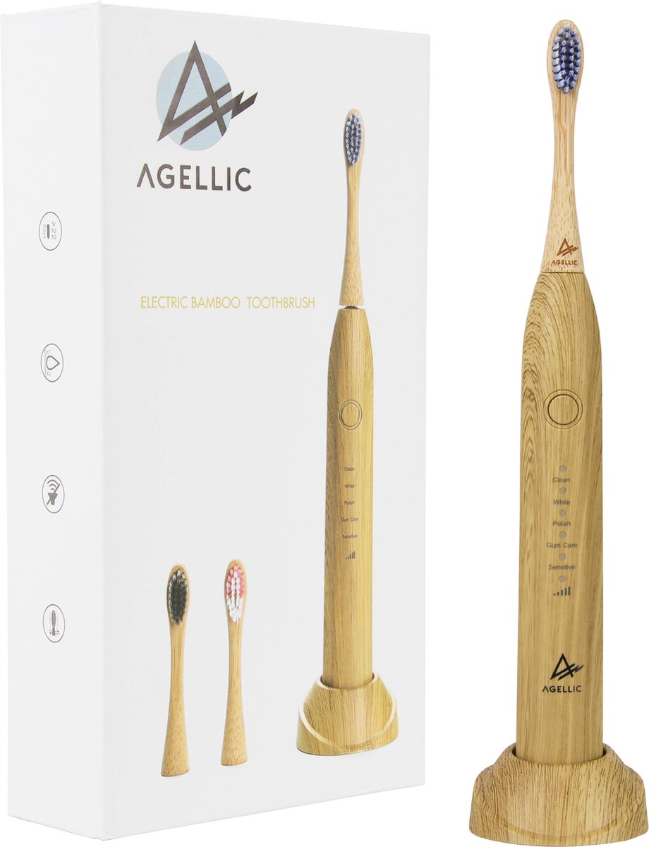 Agellic® Electrische Tandenborstel – Bamboe - Sonische tandenborstel - Milieuvriendelijk Poetsen – Inclusief 3 opzetborstel