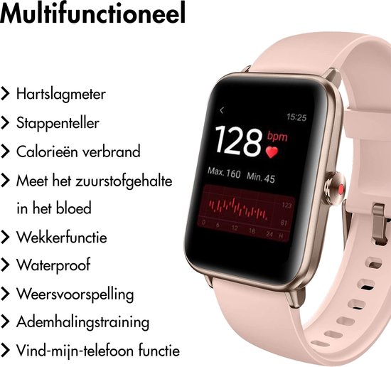 Lintelek Smartwatch Dames & Heren GT01 - Geschikt voor iOS en Android - Hartslagmeter, Stappenteller en GPS Tracker - Batterijduur van 7 dagen - Roze