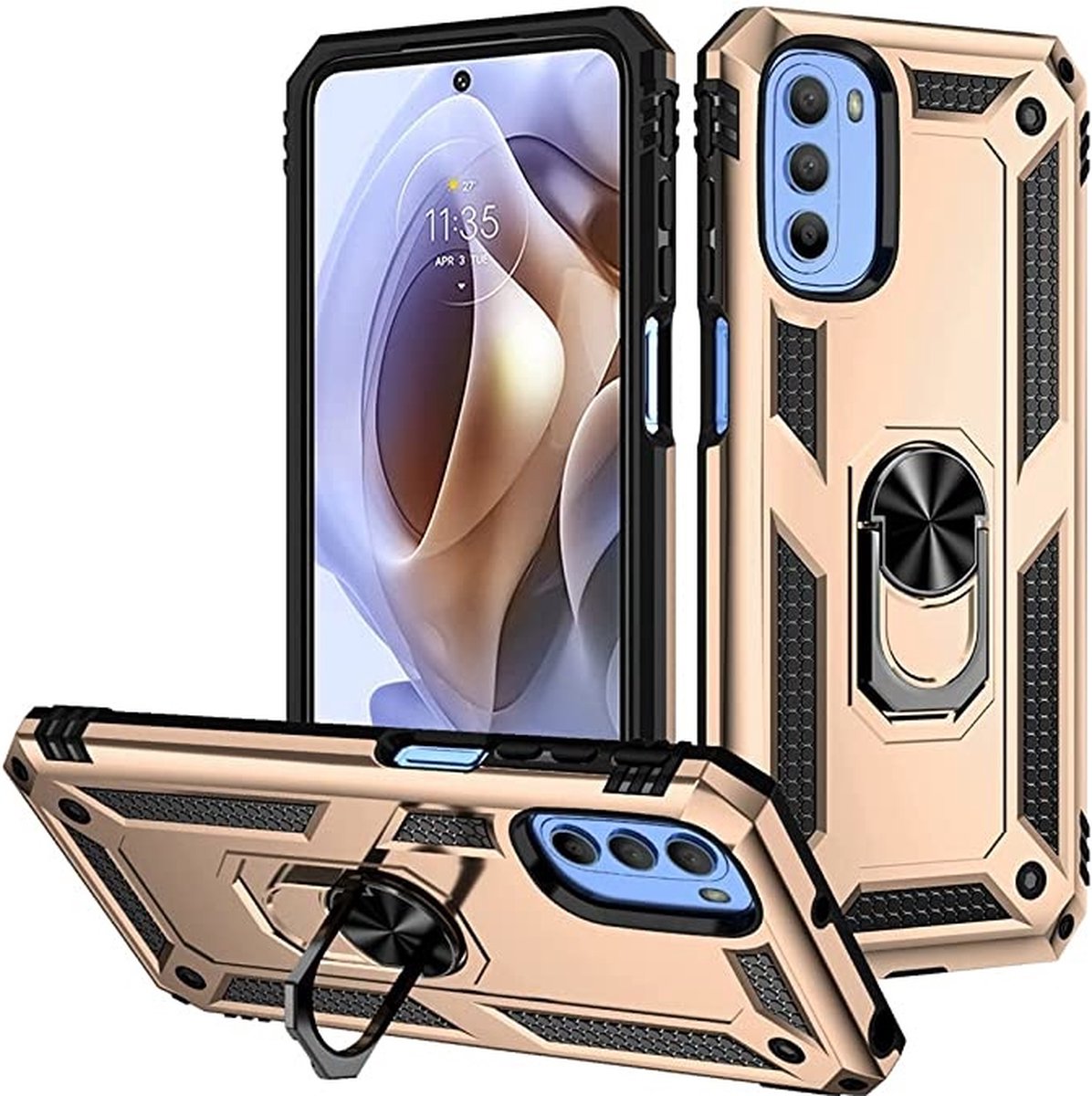 Geschikt voor Moto G41 hoes Hybrid Armor Anti-shock ringhouder Goud - Geschikt voor Moto g41 hoesje - Geschikt voor Moto g41 case - Geschikt voor Moto g41 ring hoesje