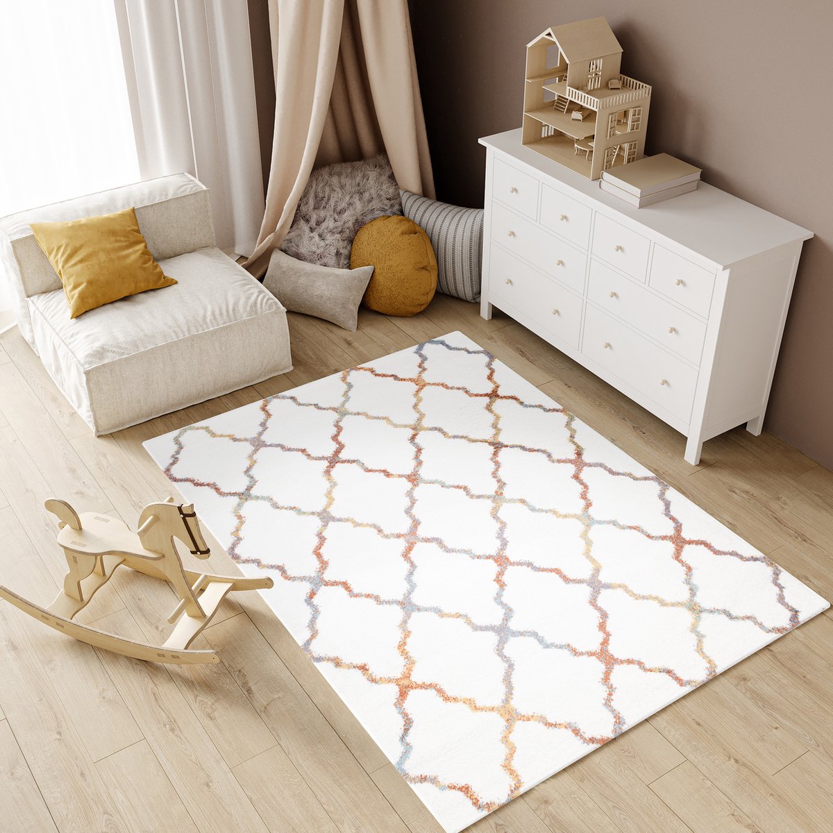 Tapiso Modena Vloerkleed Shaggy Fluffy Modern Tapijt Hoogpolig Maat- 140x200 Wit Kleurrijk