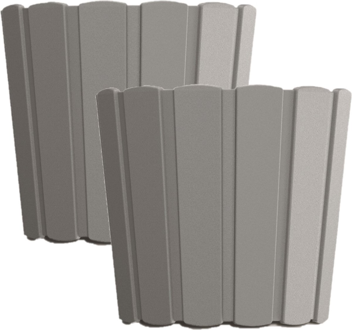 Set van 2x stuks wood-look plantenpot/bloempot kunststof dia 12 cm/hoogte 11 cm steengrijs voor binnen/buiten