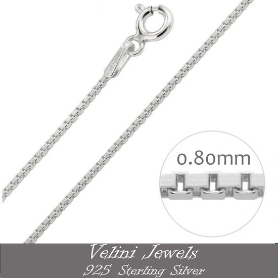 Velini jewels-0.8mm breed box halsketting-925 Zilver Ketting- met 5cm verlengstuk met veering slot