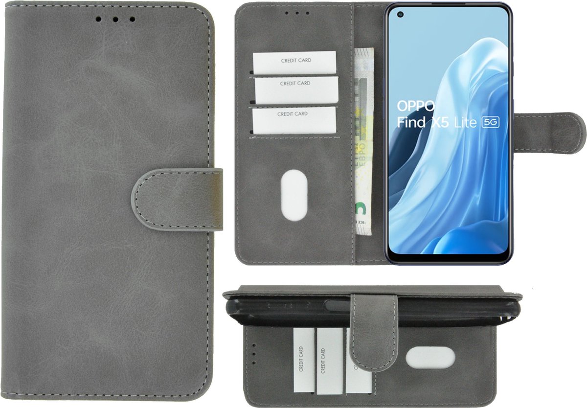 MoDo hoesje Geschikt voor Oppo Find X5 Lite - Kunstleer Book Case - Grijs
