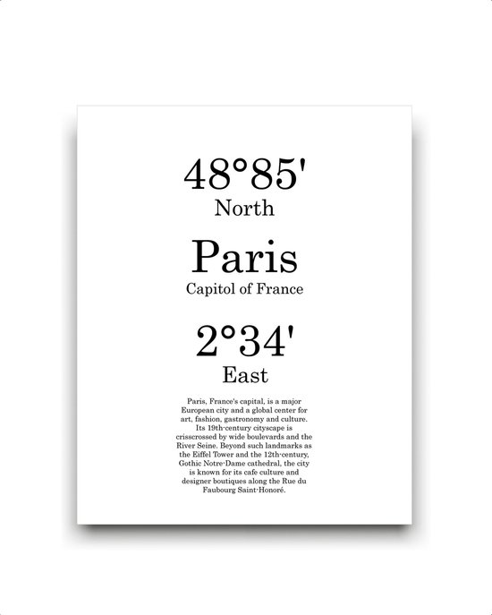 Schilderij  Steden Parijs met graden positie en tekst - Minimalistisch / Motivatie / Teksten / 50x40cm