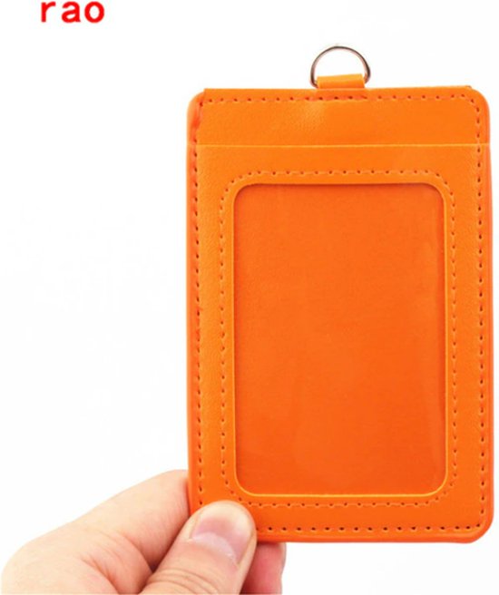 Badgehouder oranje - Luxe kwaliteit Lederen materiaal - dubbele kaarthoezen SETS - ID Badge Case -  Clear Bank Credit Card Badge Houder - Badge accessoires