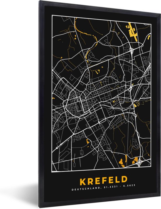 Fotolijst incl. Poster - Krefeld - Goud - Stadskaart - Plattegrond - Kaart - Duitsland - 60x90 cm - Posterlijst