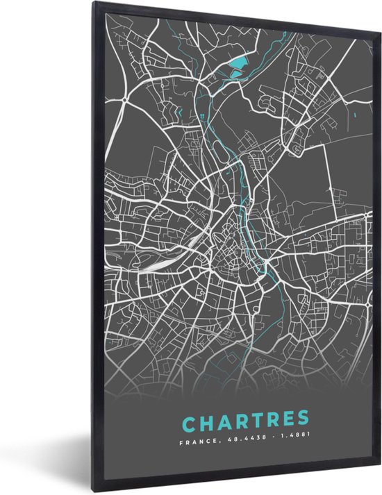 Cadre photo avec affiche - Chartres - Carte - Carte - Plan de la ville - France - 40x60 cm - Cadre pour affiche