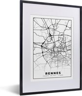 Fotolijst incl. Poster Zwart Wit- Frankrijk - Plattegrond - Rennes - Stadskaart - Kaart - Zwart wit - 30x40 cm - Posterlijst