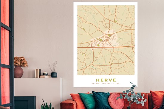 Poster Stadskaart - Plattegrond - Kaart - Vintage - Herve - 120x180 cm XXL
