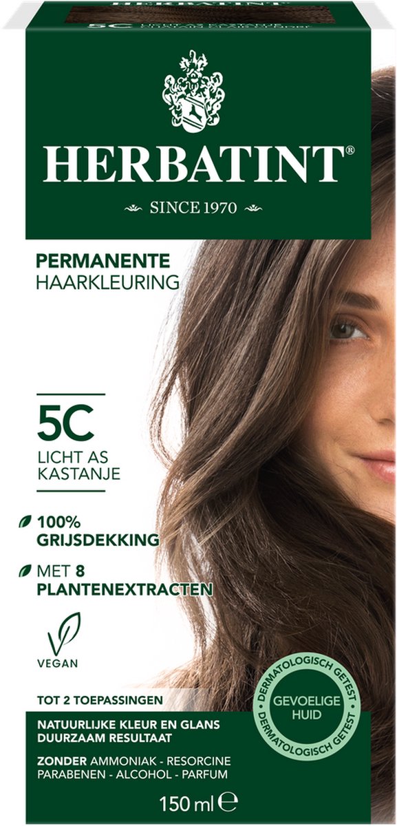 Herbatint 5C Licht As Kastanje - 100% biologische, permanente vegan haarkleuring - Met 8 plantenextracten - 150 ml