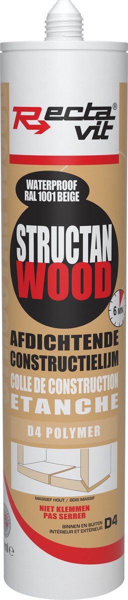Rectavit - Houtlijm Structan Wood - RAL 1001 - Watervast - Snelle werking - 290ml