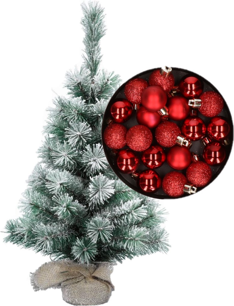 Besneeuwde mini kerstboom/kunst kerstboom 35 cm met kerstballen rood - Kerstversiering