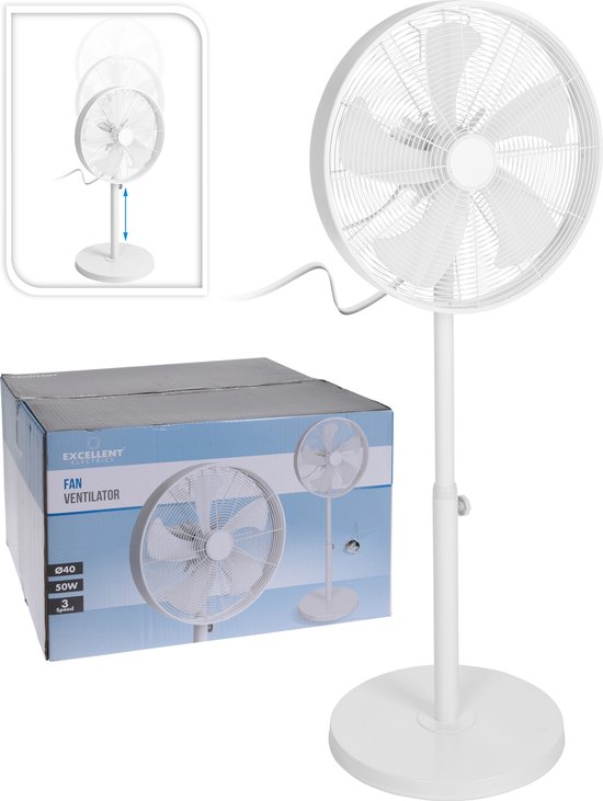 Witte krachtige staande ventilator 120 cm - Witte kantoor/huis ventilatoren van metaal