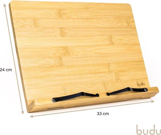 Houten boekenstandaard van bamboe, 33 cm breed en 24 cm hoog.