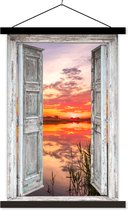 Posterhanger incl. Poster 60x90 cm - Schoolplaat - Landschap - Zonsondergang - Water - Doorkijk - Textielposter - Zwarte latten