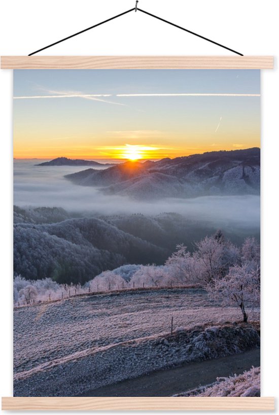 Porte-affiche avec affiche - Affiche scolaire - Hiver - Montagnes - Soleil - Soirée - 120x160 cm - Lattes vierges