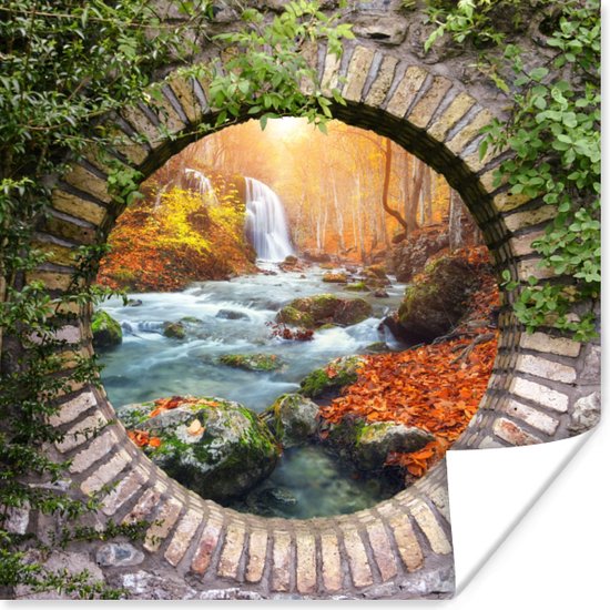 Affiche avec une arche en pierre donnant sur une cascade en automne.