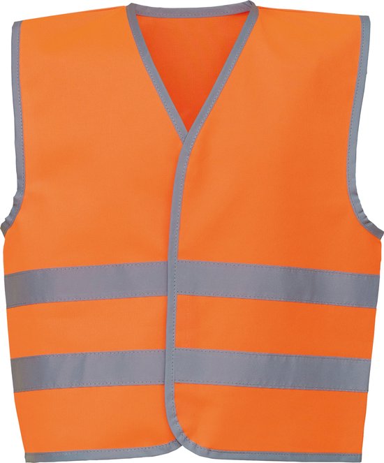 Oranje veiligheidshesje met twee reflecterende banden op de borst en reflecterende bies.
