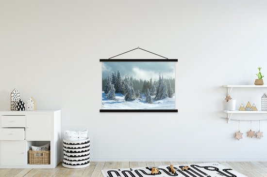 Porte-affiche avec affiche - Affiche scolaire - Forêt - Neige - Hiver - 150x100 cm - Lattes noires