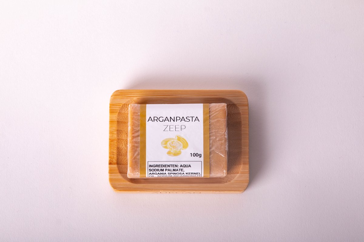 Arganolie Pasta 100g + Bamboe Zeepbakje – Biologische Zeep met Voedende Arganpasta