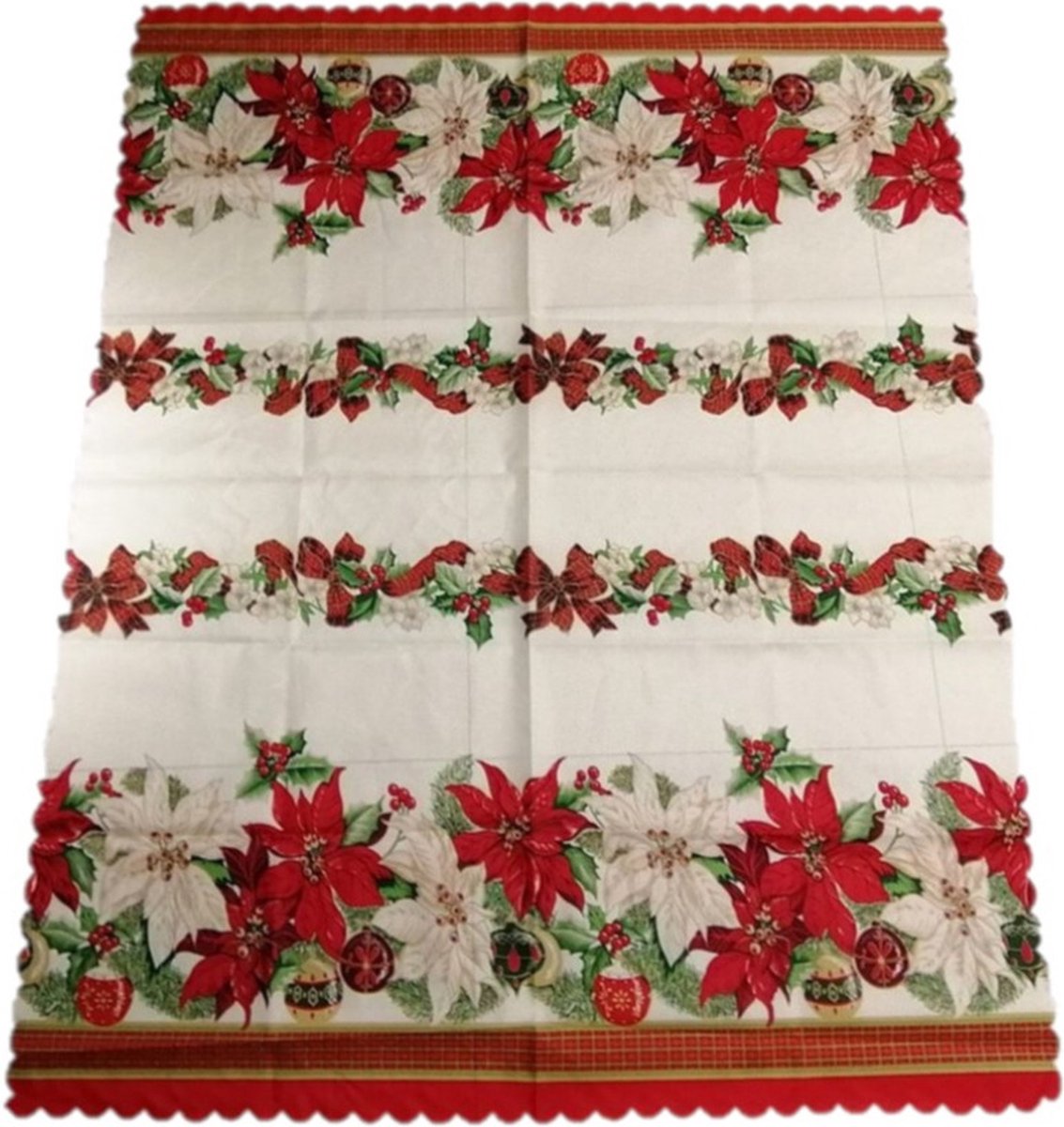 Kerst thema print tafelkleed van 150 x 250 cm - Kerstbloemen print in de kleuren ecru/groen/rood - Materiaal: polyester