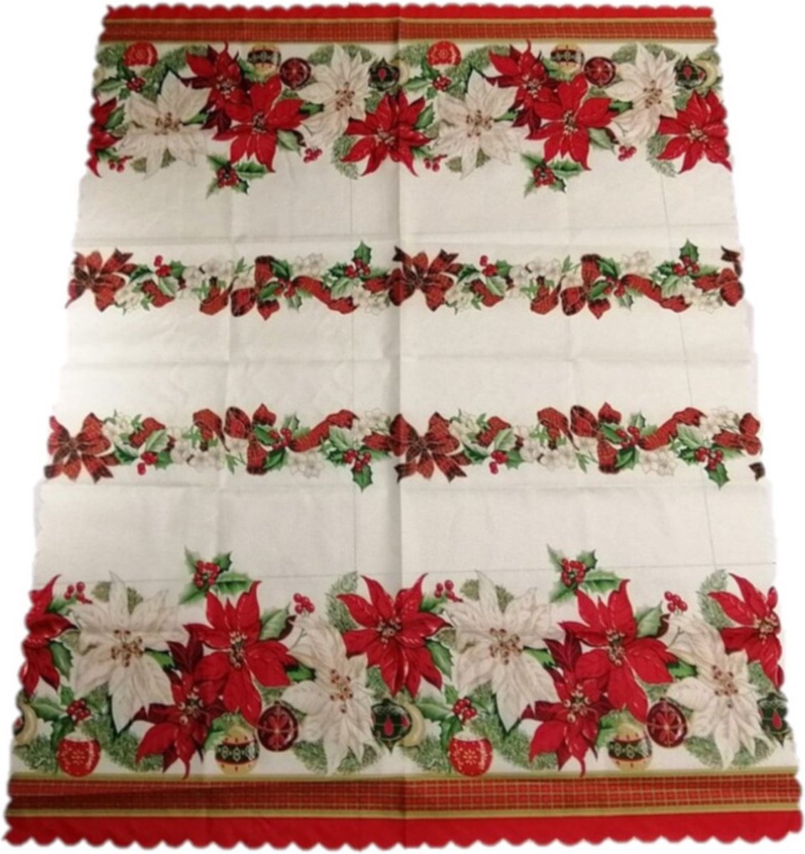 Kerst thema print tafelkleed van 150 x 180 cm - Kerstbloemen print in de kleuren ecru/groen/rood - Materiaal: polyester