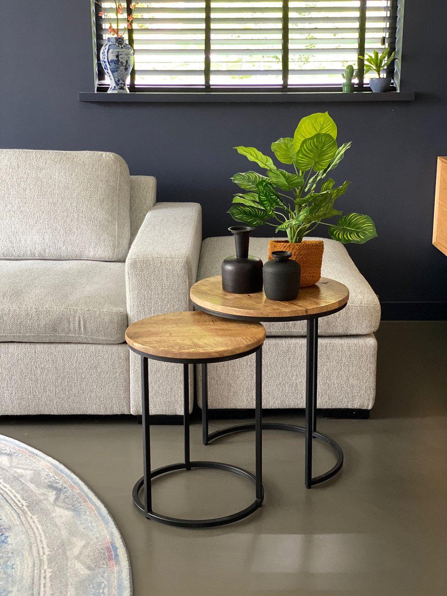 Bijzettafel Mangohout industrieel rond Duo set van 2