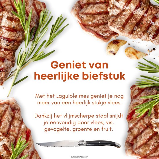Geniet van heerlijke biefstuk met het Laguiole mes. Dankzij het vlijmscherpe staal snijdt je eenvoudig door vlees, vis, gevogelte, groente en fruit.