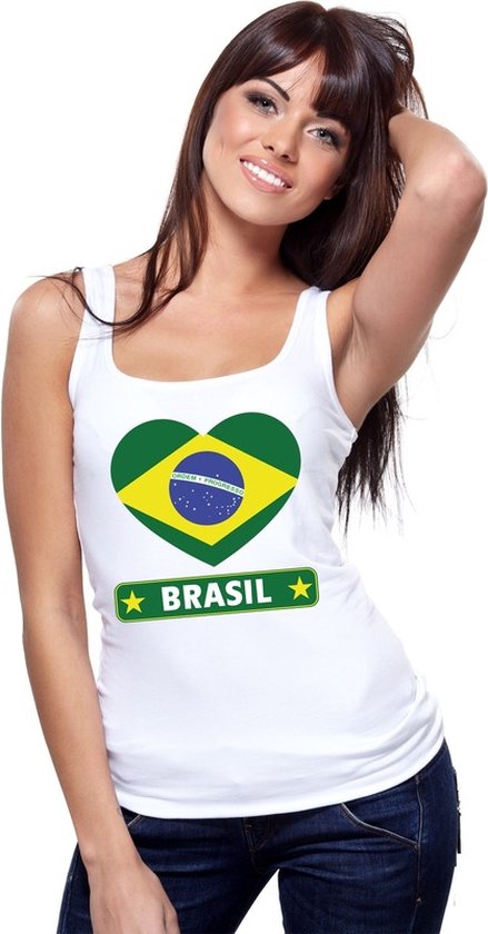Wit dames tanktop met een hartvormige Braziliaanse vlag en "BRASIL" in groen.