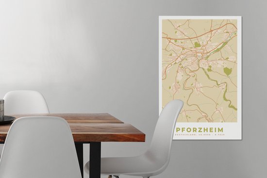 Peinture sur toile Pforzheim - Plan d'étage - Vintage - Plan de la ville - Carte - 60x90 cm - Décoration murale
